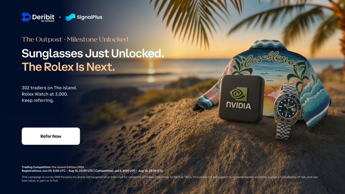 An advertisement for Deribit and SignalPlus titled 'The Outpost - Milestone Unlocked' with the text 'Sunglasses Just Unlocked. The Rolex Is Next.' and 'Refer Now,' displayed against a beach sunset scene featuring an NVIDIA item and a Rolex watch.