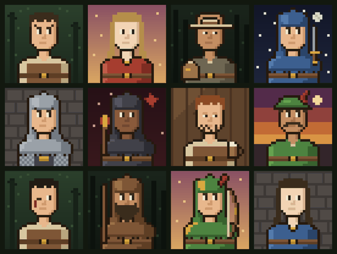A 4x3 grid of pixel art character portraits depicting 12 diverse medieval-themed figures (including knights, archers, a wizard, and villagers) against various backgrounds. The imagery aligns with the "merrymennft.xyz" branding, showcasing the variety of NFT characters available in the collection, encouraging collectors to be ready for today's drop.