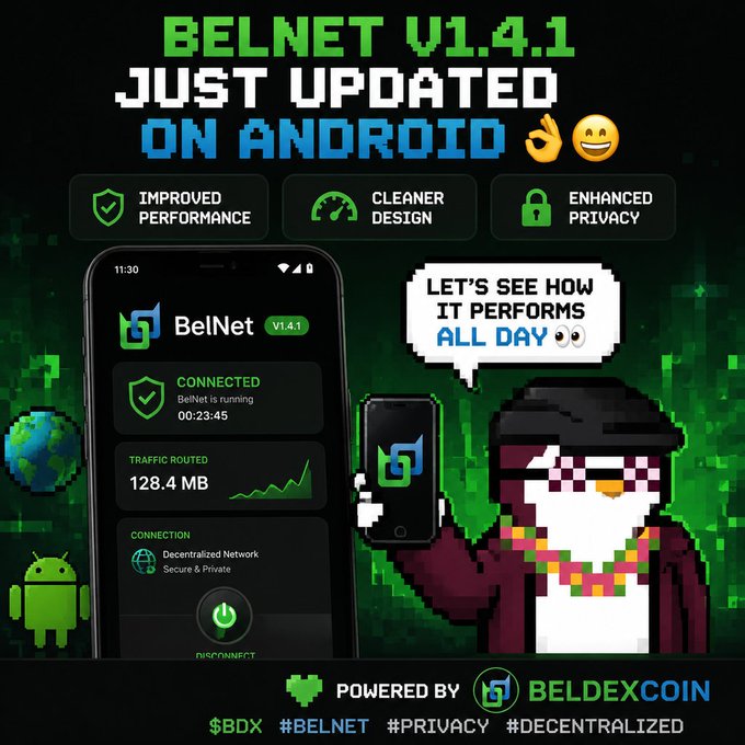 An advertisement for 'BELNET V1.4.1 JUST UPDATED ON ANDROID' featuring a pixel penguin in sunglasses promoting the BeldexCoin VPN app.