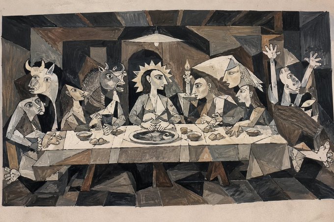 A reproduction of Pablo Picasso's 'The Guernica' mural, depicting figures and a bull around a table in monochrome tones.