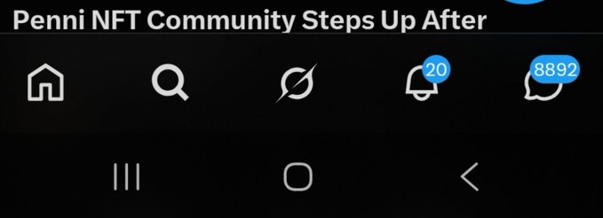 The image shows a mobile app's navigation bar with icons for home, search, notifications (20), and messages (8892), beneath a partial header reading "Penni NFT Community Steps Up After." The "8892" message count directly reflects the "8892 messages" highlighted in the post, emphasizing the high volume of activity in the Penni NFT community.