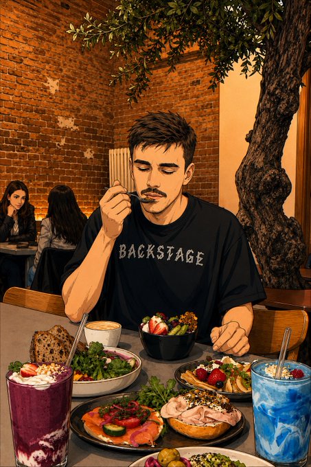 A digital illustration of a man with a mustache wearing a 'BACKSTAGE' t-shirt, eating at a table filled with various colorful dishes and drinks in a brick-walled restaurant.