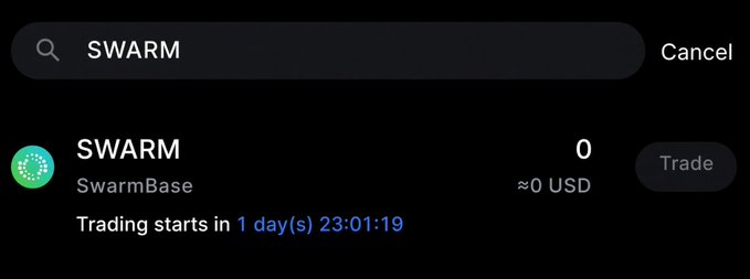 A cryptocurrency trading interface showing a search for 'SWARM' with the SwarmBase token displaying a price of approximately 0 USD and indicating 'Trading starts in 1 day(s) 23:01:19'.