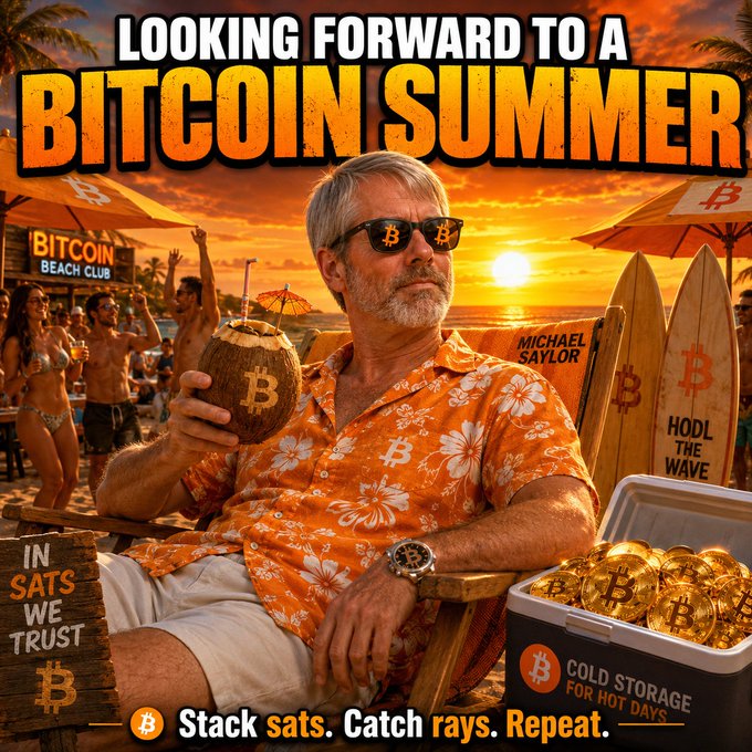 iced drinks, a coconut, and a beach scene with people and umbrellas are featured on a poster for Bitcoin Summer.