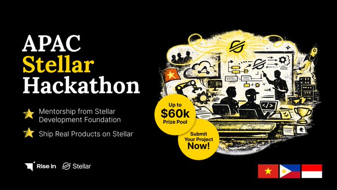 A promotional graphic for the APAC Stellar Hackathon featuring 'Up to $60k Prize Pool', offering mentorship from Stellar Development Foundation, with flags of Vietnam, Philippines, and Indonesia.