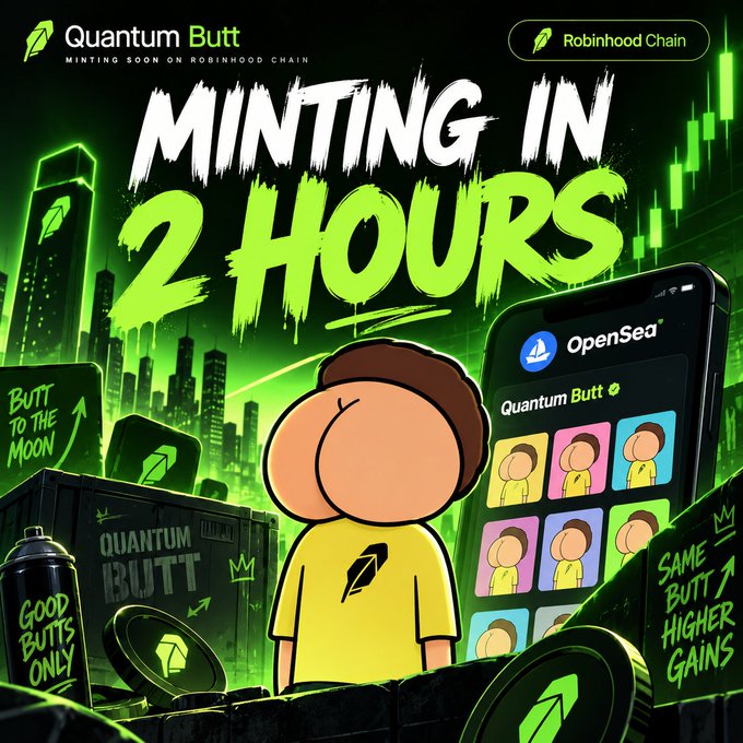 The image is a promotional graphic for "Quantum Butt," announcing that minting will begin in 2 hours on Robinhood Chain, featuring a cartoon character in a yellow shirt holding a large green coin alongside an OpenSea phone screen displaying the collection. The graphic ties directly to the post's urgent message, emphasizing that the OpenSea listing is live and encouraging users to check their guaranteed allocation eligibility before the mint launches.
