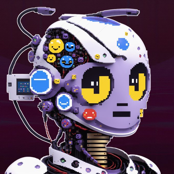 A pixel-art style robotic head in purple and white with glowing yellow eyes is adorned with various pixelated smiley faces and emoticons across its surface, with a partially exposed interior revealing circuitry. The image visually embodies the "pixel collections" trend mentioned in the post, showcasing the retro, emoticon-driven aesthetic of the Kokomo NFT collection.