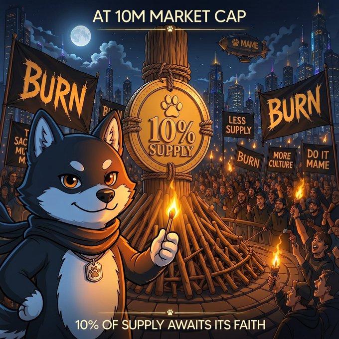 The image features a cartoon dog standing next to a large fire, surrounded by people holding up signs with messages such as "burn" and "more culture". The scene appears to be set at 10m MC, which could be interpreted as a market cap event or a gathering related to Meme Culture. The dog is wearing a scarf around its neck, adding to the overall atmosphere of the image. The people in the picture are holding up signs with messages like "burn" and "less supply", suggesting that they might be protesting against something or expressing their dissatisfaction with a particular issue.