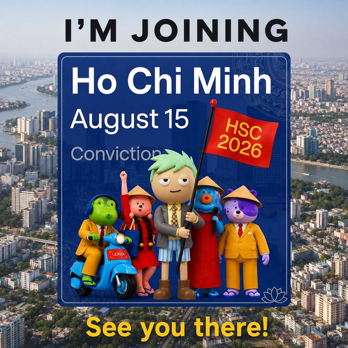 A promotional graphic reads 'I'M JOINING' above a stylized image for 'Ho Chi Minh August 15 Conviction', featuring cartoon characters with a red 'HSC 2026' flag and the text 'See you there!' over a city skyline.