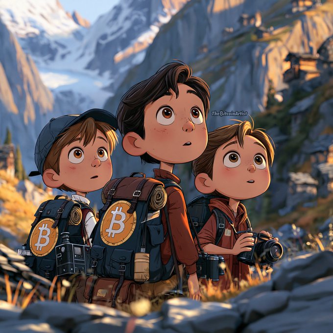 Pixar-style illustration of three young hikers with backpacks featuring Bitcoin logos gazing upward at snowy mountains, credited to 'The Bitcoin Artist'.