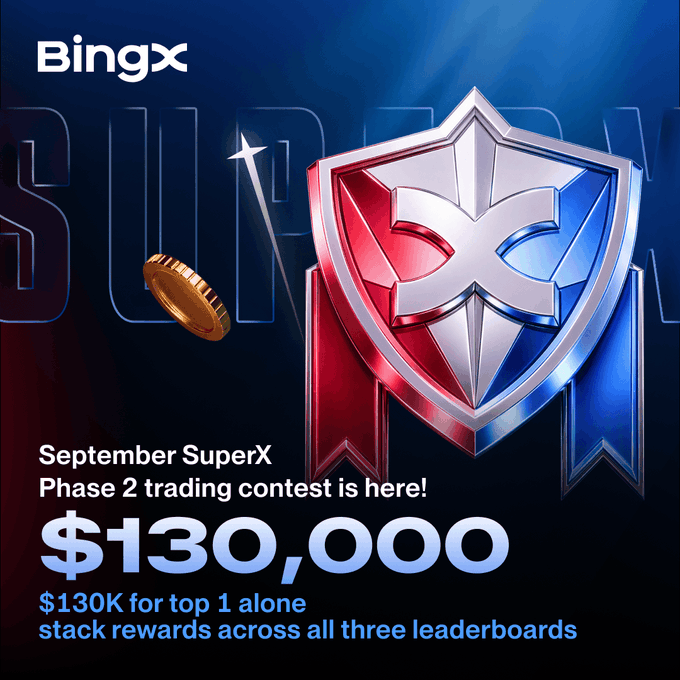 A promotional advertisement for BingX featuring a red, white, and blue shield logo with a coin, announcing the 'September SuperX Phase 2 trading contest' with '$130,000' in prizes, noting '$130K for top 1 alone stack rewards across all three leaderboards.'