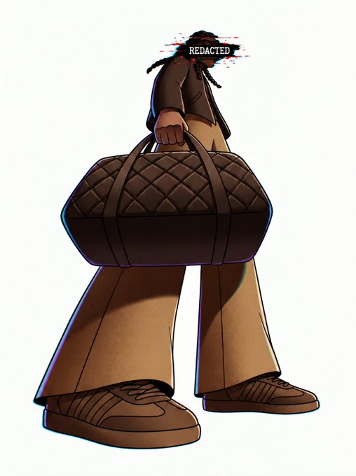 A digital illustration of a figure in brown clothing carrying a large quilted duffel bag, with 'REDACTED' displayed across the face.