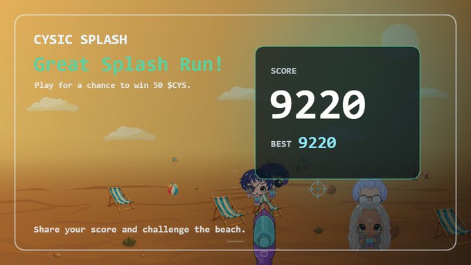 A beach-themed game interface titled 'CYSIC SPLASH Great Splash Run!' showing a score of 9220 and best score of 9220, with the text 'Play for a chance to win 50 $CYS' and 'Share your score and challenge the beach.'