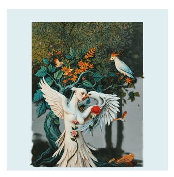 An artistic digital piece by Zahra Haeri depicts a white mythical figure with large wings embracing a white bird amidst a lush, flowering tree. The image serves as a promotional visual for the final available edition of this NFT.