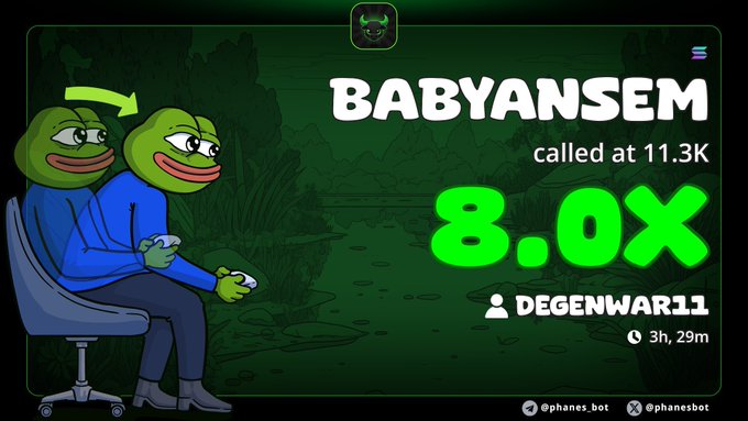 A meme graphic featuring two Pepe the Frog characters gaming in a chair, with text reading 'BABYANSEM called at 11.3K', '8.0X', and 'DEGENWAR11 3h, 29m', attributed to @phanes.bot.