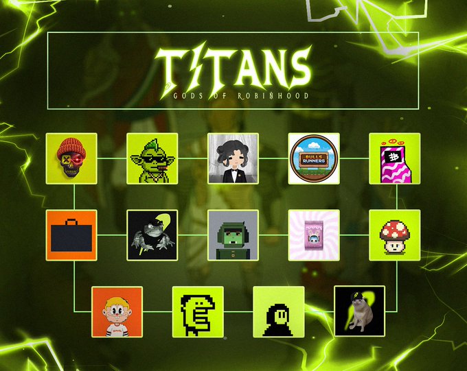 A promotional graphic for the "Titans: Gods of Robinshood" NFT collection displays a grid of 13 pixel-art icons representing various related NFT projects, set against a green electric-themed background. The image showcases affiliated collections as holders are invited to "enter The Pantheon" for a whitelist opportunity featuring 3,333 Titans.