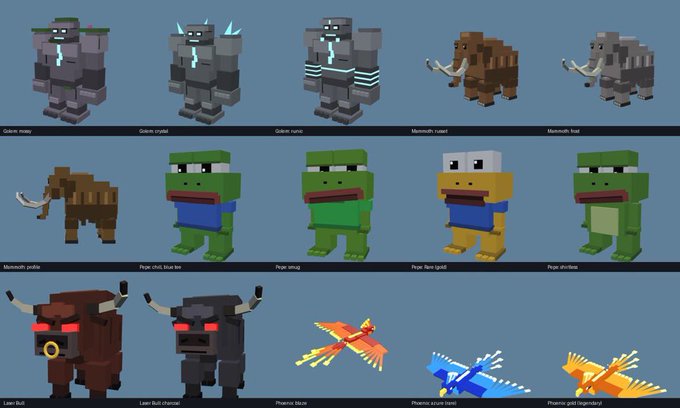 A grid display of Minecraft voxel-style 3D character models, including variations of Golems, Mammoths, pixel art frogs, Laser Bulls, and Phoenix creatures, each labeled with its specific name.