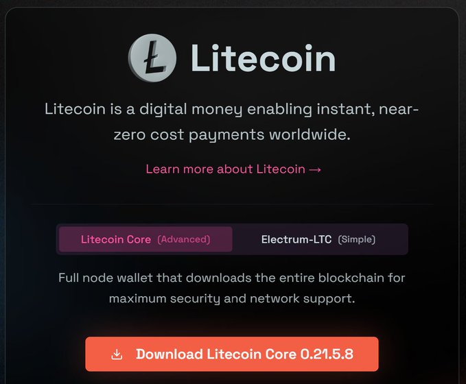The official Litecoin website page shows the download button for 'Litecoin Core 0.21.5.8' against a dark background.