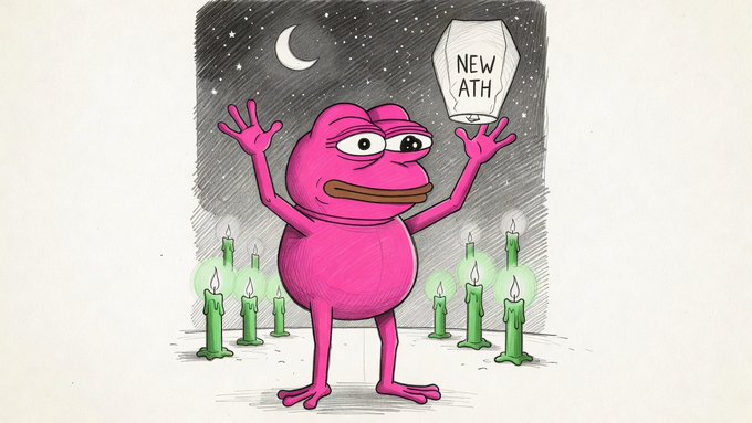 Hand-drawn cartoon illustration of a pink Pepe-style character holding up a sign reading "NEW ATH" surrounded by green candles under a starry night sky.