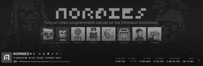 A screenshot of the NORMIES NFT project website, described as 'Fully on-chain programmable canvas on the Ethereum blockchain,' showing floor price 0.193 ETH.