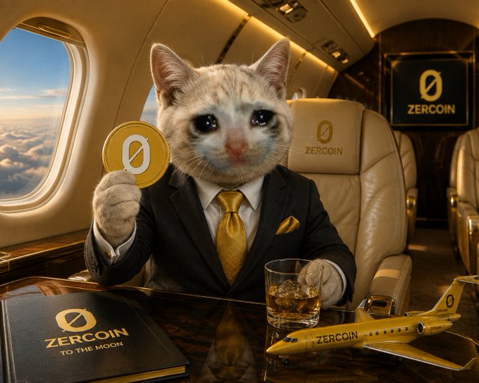 A cat dressed in a black suit and gold tie sits in a private jet holding a ZERCOIN coin, with branding for 'ZERCOIN TO THE MOON' on a book and a model plane.