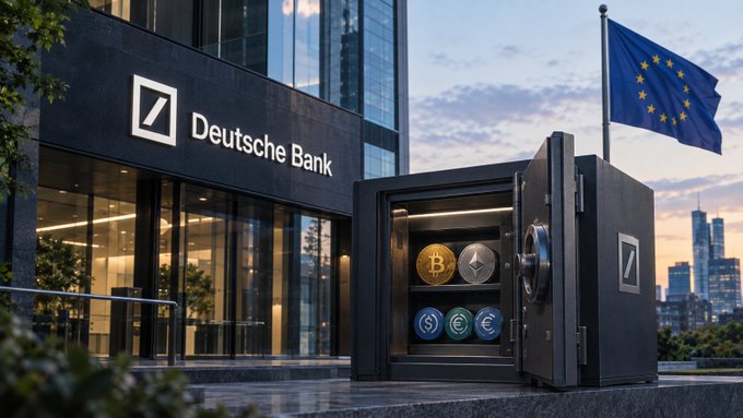 A Deutsche Bank building with an EU flag flies in the background, while a large safe in the foreground displays cryptocurrency and traditional currency coins.