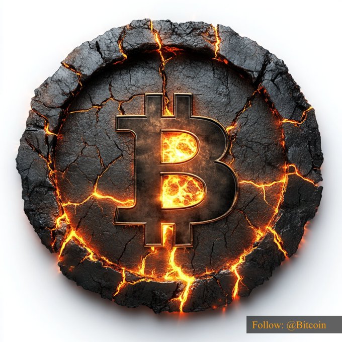 A 3D rendering of a dark, cracked Bitcoin coin with glowing orange lava-like fissures, featuring the text 'Follow: @Bitcoin' in the corner.
