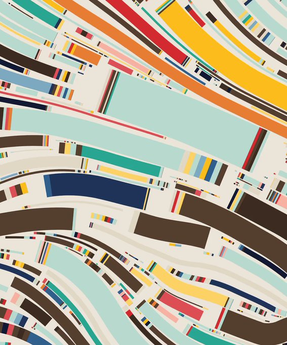 An abstract geometric artwork featuring curved bands of various colors including yellow, orange, teal, brown, and blue, arranged in a swirling pattern.