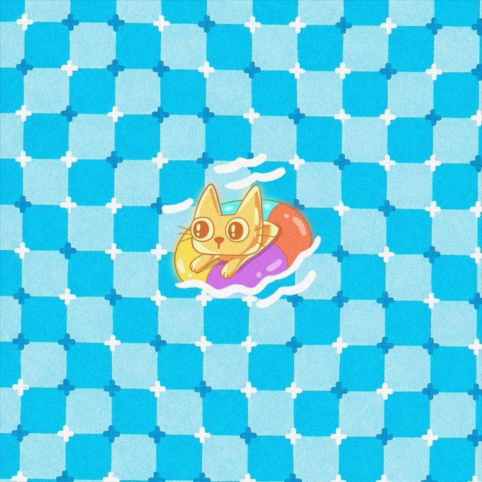 An adorable cartoon cat floats on a purple pool floatie with an orange inner tube, set against a bright blue gingham checkered background with small plus-sign patterns. The cheerful summer scene complements the playful "gcets" post, evoking a fun pool day vibe.