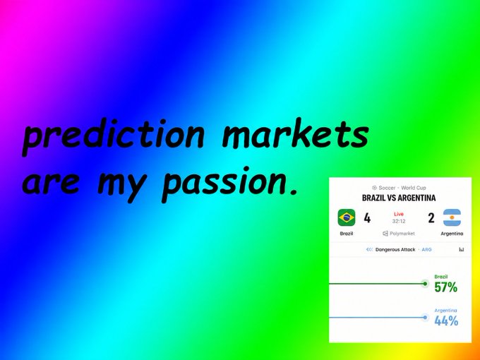 A colorful graphic reads “prediction markets are my passion” beside a Polymarket screen showing “BRAZIL VS ARGENTINA,” with Brazil at 4, Argentina at 2, and market probabilities of Brazil 57% and Argentina 44%. It promotes joining Polymarket’s product team across trading, social, sports, crypto, and personalization.