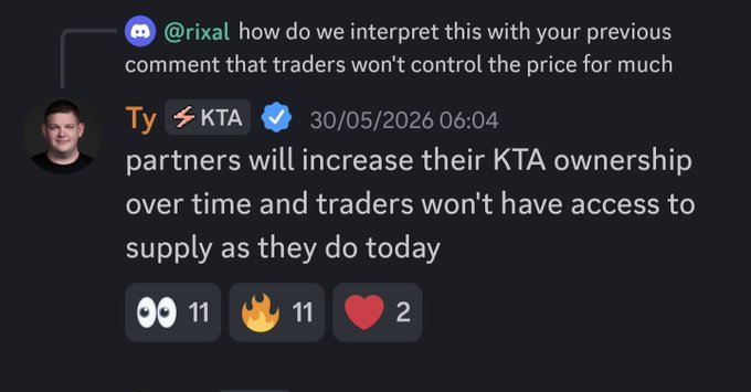 A man's face is shown on a message board with some text. The post appears to be about a serious supply shock related to a cryptocurrency called Keeta, as suggested by the accompanying text that reads "A serious KTA supply shock could be on the way. When Keeta opens the door to external validaors those validators are going to need $KTA". The man at the top of the post might be expressing concern or providing an update about a situation involving the cryptocurrency.