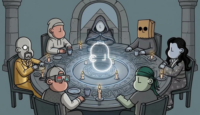 A cartoon-style digital illustration depicting a group of characters, including some with distinctive box heads, sitting around a circular table with a glowing spirit board in the center, reminiscent of the 'SMG4' or similar animation style.