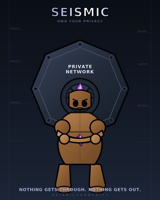 A promotional graphic for Seismic features a hooded, armored character standing protectively before a "PRIVATE NETWORK" heptagon, under the tagline "OWN YOUR PRIVACY" and the message "NOTHING GETS THROUGH. NOTHING GETS OUT." The image visually reinforces the post's theme that Seismic enables private data transactions while still allowing network verification, embodying the "privacy and verification can coexist" message.