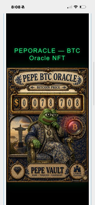 A screenshot displays a digital artwork titled "PEPORACLE — BTC Oracle NFT" showing Pepe the Frog in royal robes as a Bitcoin price oracle, with the screen reading "$0078708" and listing "PEPE VAULT" and "LISBON CHAPTER."