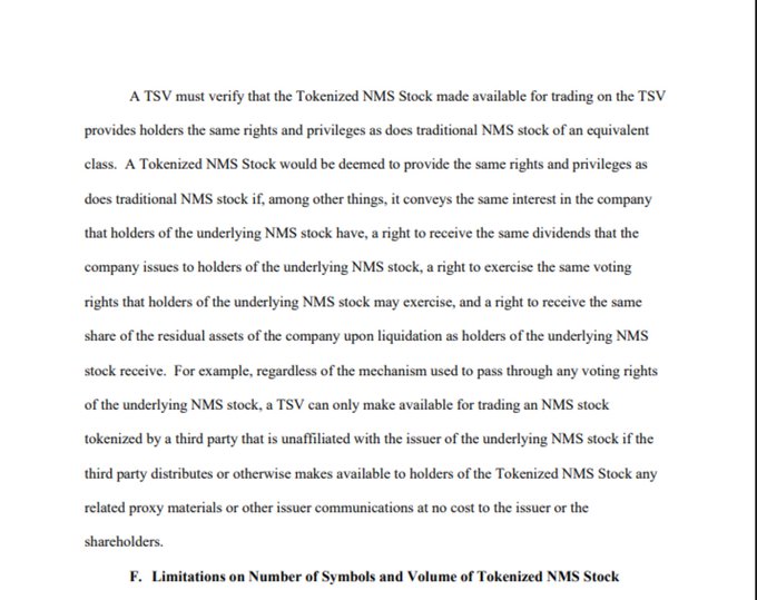 A page of regulatory text stating 'A TSV must verify that the Tokenized NMS Stock made available for trading on the TSV provides holders the same rights and privileges as does traditional NMS stock of an equivalent class,' with a section header 'F. Limitations on Number of Symbols and Volume of Tokenized NMS Stock.'