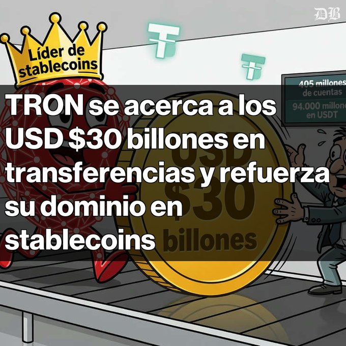 A cartoon-style graphic from 'Diario Bitcoin' showing a red TRON coin character wearing a crown labeled 'Líder de stablecoins', with Spanish text stating 'TRON se acerca a los USD $30 billones en transferencias y refuerza su dominio en stablecoins'.