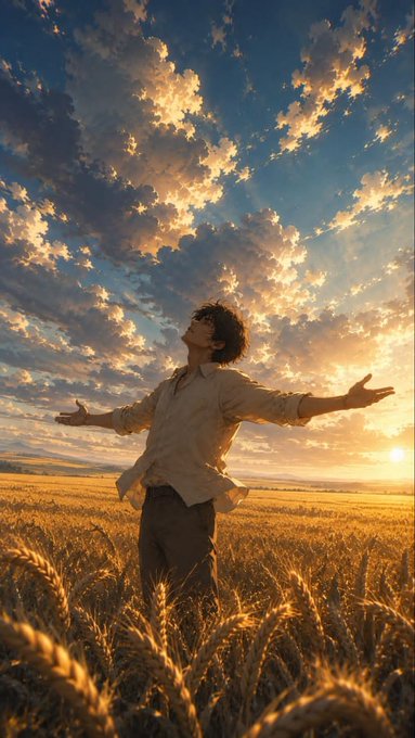 A man stands in a wheat field at sunset with his arms outstretched, looking up at a dramatic, cloudy sky.