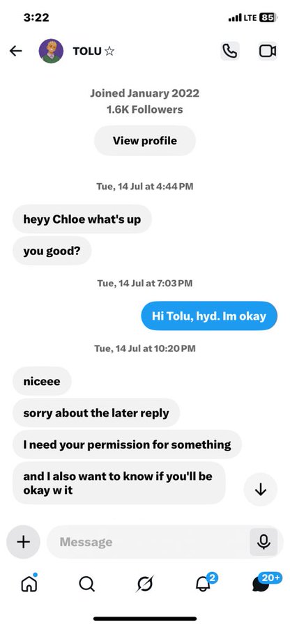 A screenshot of an Instagram DM conversation between Chloe and a contact named TOLU, who asks for permission and consent before doing something, with text reading "I need your permission for something and I also want to know if you'll be okay with it." The messages exemplify the respectful, consent-focused behavior being praised in the caption about needing more guys like @lawal_tolu6.