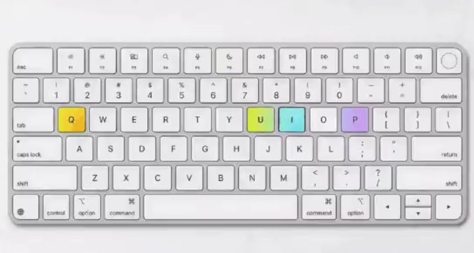 Top-down view of a white compact mechanical keyboard with colorful keycaps spelling 'QUIP' in yellow, green, teal, and purple on the Q, U, I, and P keys.