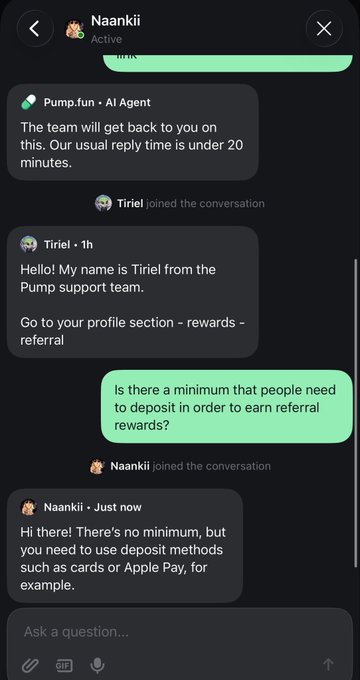 Live chat support screenshot showing a conversation with Pump.fun's AI agent and support team members Tiriel and Naankii discussing referral rewards and deposit methods.