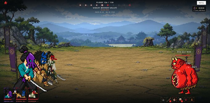 Screenshot of a video game battle scene in 'Violet Banner Valley' (Floor 126/130) showing party members including Arvensia and Crimson facing off against a large red monster labeled 'Pto Gut Maw'.