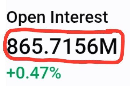 The image displays "Open Interest" of 865.7156M with a +0.47% change, highlighted in red, illustrating that XRP's open interest is nearing the $1 billion threshold as mentioned in the accompanying post about impending volatility.