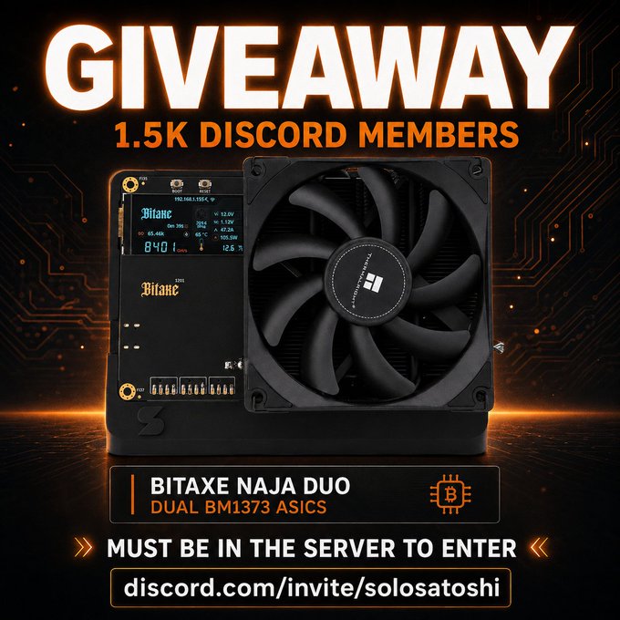 Promotional graphic for a Bitaxe Naja Duo Bitcoin miner giveaway, celebrating 1.5K Discord members, with instructions to join discord.com/invite/solosatoshi to enter.