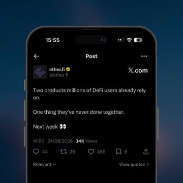A screenshot of an X.com (Twitter) post from 'ether.fi' (@ether_fi) reading: 'Two products millions of DeFi users already rely on. One thing they've never done together. Next week 👀'.