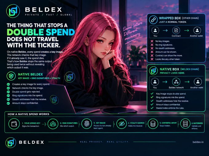 A Beldex (BELDEX) infographic titled 'THE THING THAT STOPS A DOUBLE SPEND DOES NOT TRAVEL WITH THE TICKER', explaining 'Native BX' versus 'Wrapped BOX' systems, with the website beldex.io and tagline 'REAL PRIVACY. REAL UTILITY.'
