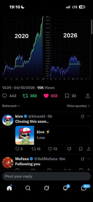 A social media post showing two stock charts comparing '2020' and '2026', with comments visible below from users 'kivo' and 'Mufasa'.