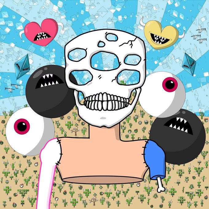 A surreal illustration of a skeleton character with a large skull head, surrounded by floating eyeballs with mouths, and heart-shaped monsters, all set against a cactus-filled landscape with shattered glass fragments.