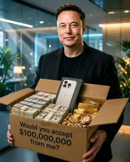An AI-generated image depicting Elon Musk holding an open cardboard box labeled 'Would you accept $100,000,000 from me?' filled with stacks of cash, gold bars, a luxury watch, and a smartphone.