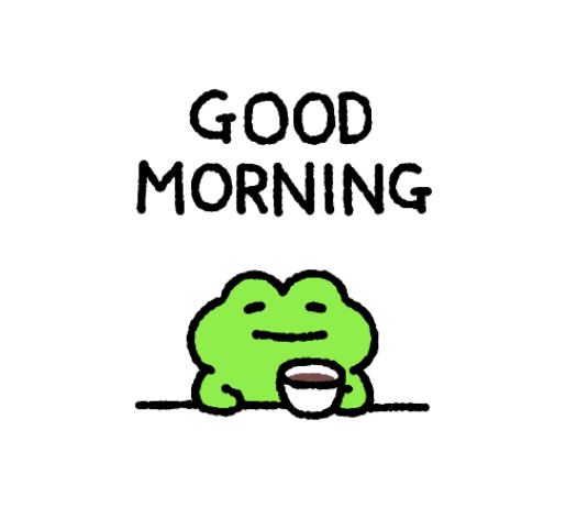 A simple doodle-style illustration of a green frog holding a coffee cup under the handwritten text 'GOOD MORNING'.