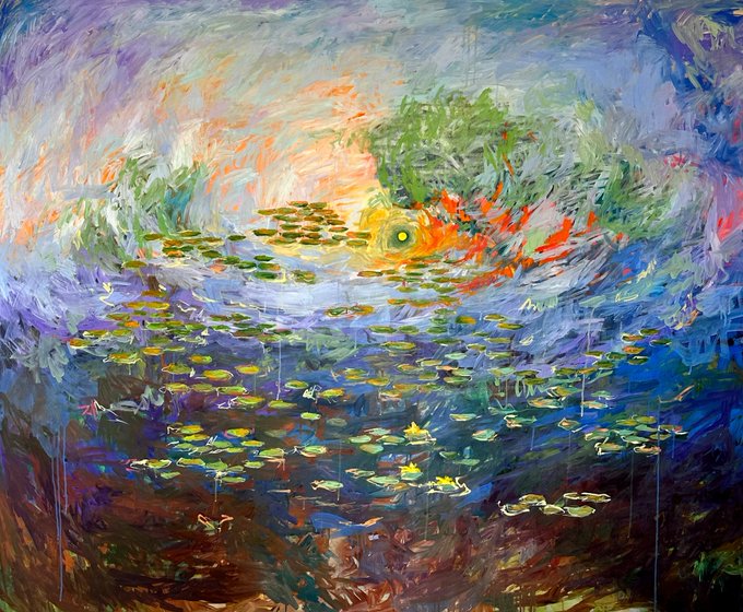 A colorful impressionist painting featuring a pond filled with water lilies, painted with thick, textured brushstrokes in blues, greens, purples, and yellows.